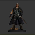 Detailed Man Statue In Long Coat With Armor Holding Dual Swords On Blue Base