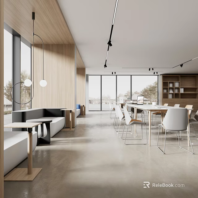 Modern Lounge Area With Wooden Walls Large Windows Tables And Comfortable Seating 3d model 