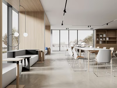 Modern Lounge Area With Wooden Walls Large Windows Tables And Comfortable Seating 3d model