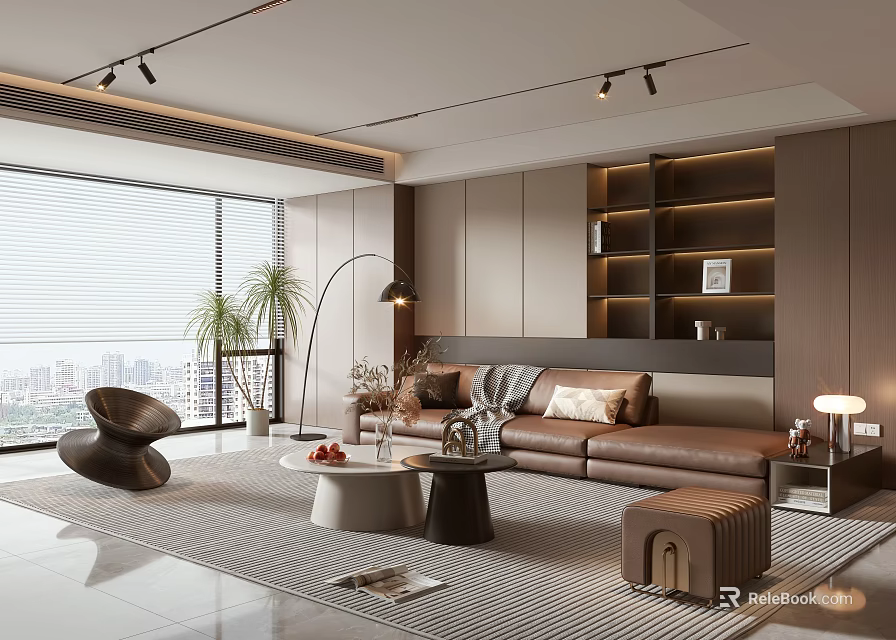 Modern Living Room Interior Design With Brown Leather Sofa And City View Through Large Window 3d model 