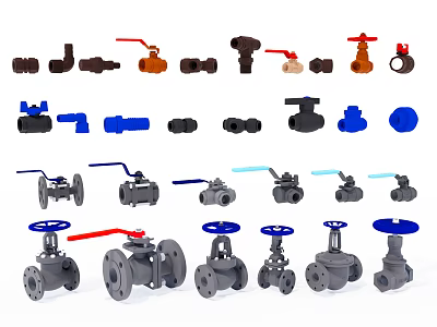 Various Industrial Valves and Pipe Fittings in Different Colors and Designs 3d model