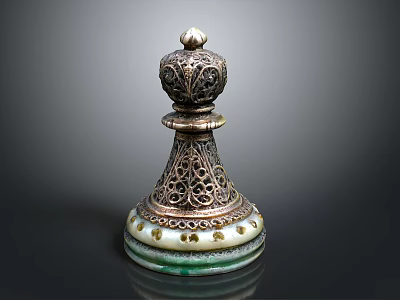 Intricately Carved Metal Decorative Ornament With Filigree Top And Green Jade Base 3d model