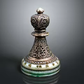 Intricately Carved Metal Decorative Ornament With Filigree Top And Green Jade Base