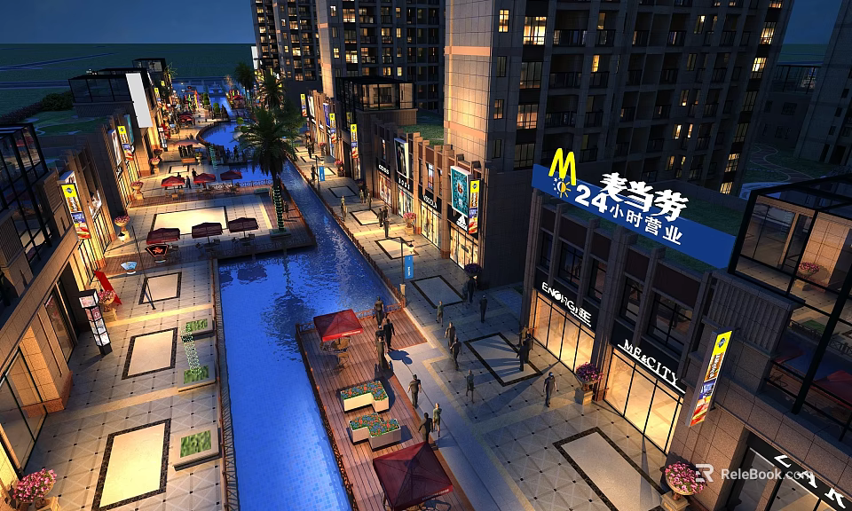 Lively Commercial Street Night Scene Featuring Waterway Shops Modern Buildings And Seating Areas 3d model 
