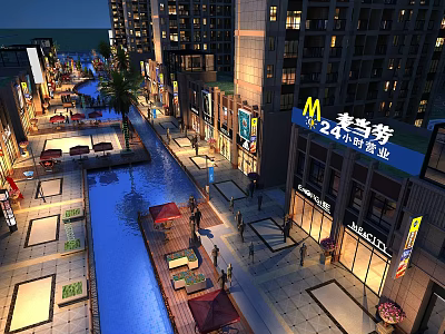 Lively Commercial Street Night Scene Featuring Waterway Shops Modern Buildings And Seating Areas 3d model