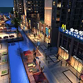 Lively Commercial Street Night Scene Featuring Waterway Shops Modern Buildings And Seating Areas