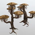 Unique Mushroom Like Plants With Multiple Umbrella Shaped Caps Twisted Trunks And Hanging Tendrils