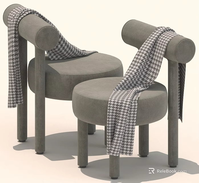 Two Gray Round Chairs With Black And White Checkered Scarves Draped Over 3d model 