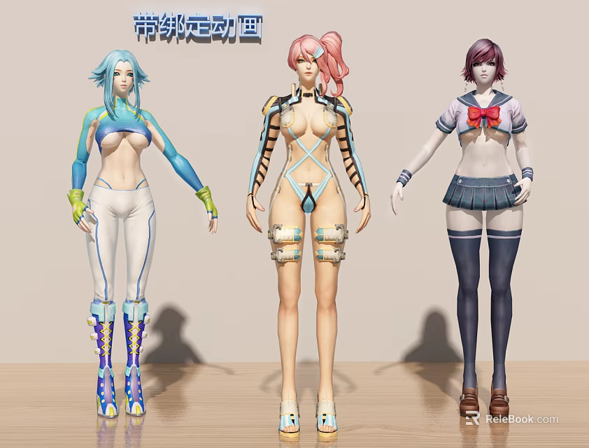 Three Game and Movie Characters With Different Hairstyles and Costume Designs 3d model 