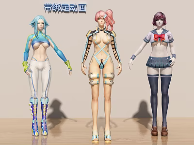 Three Game and Movie Characters With Different Hairstyles and Costume Designs 3d model