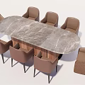 Elegant Modern Dining Table Set With Oval Marble Top And Eight Brown Chairs 3d model