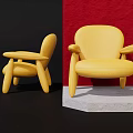 Two Yellow Leisure Chairs Against Blue And Red Walls On Black Floor With White Pedestal
