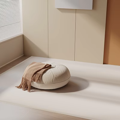 Round Cushion Leisure Chair With Soft Brown Blanket In Sunlit Neutral Room 3d model