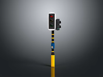 Modern Urban Traffic Light With Yellow Black Striped Pole And Pedestrian Button 3d model