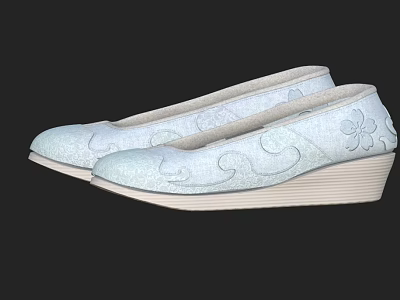 Elegant Light Blue Embroidered Shoes with Wedge Heel and Floral Patterns 3d model