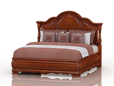 Classic Style Double Bed With Wooden Frame Carved Headboard Brown Mattress And Decorative Pillows 3d model
