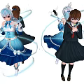 Game Movie Characters White Haired Blue Dress Brown Haired Black Dress with Blue Light Doves