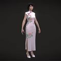 A Woman In Elegant Pink Cheongsam With Floral Patterns And White Shoes Against Black Background