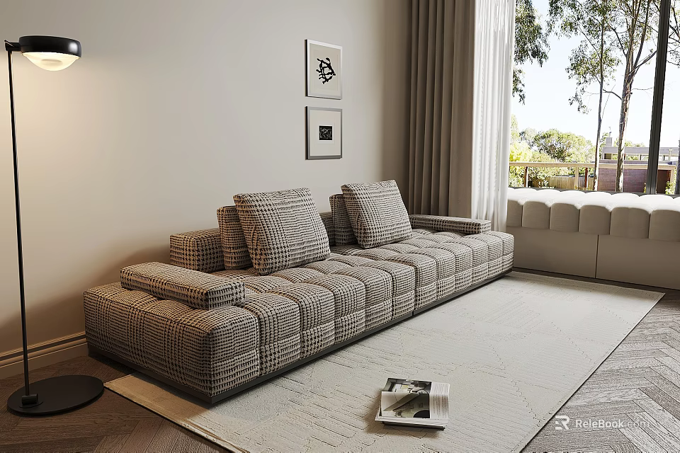 Plush Checkered Multi person Sofa In Living Room With Area Rug Artworks And Natural Light 3d model 