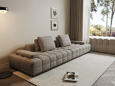 Plush Checkered Multi person Sofa In Living Room With Area Rug Artworks And Natural Light 3d model