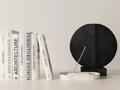 Decorative Ornament Set with Books Black Circular Sculpture and White Textured Tray 3d model