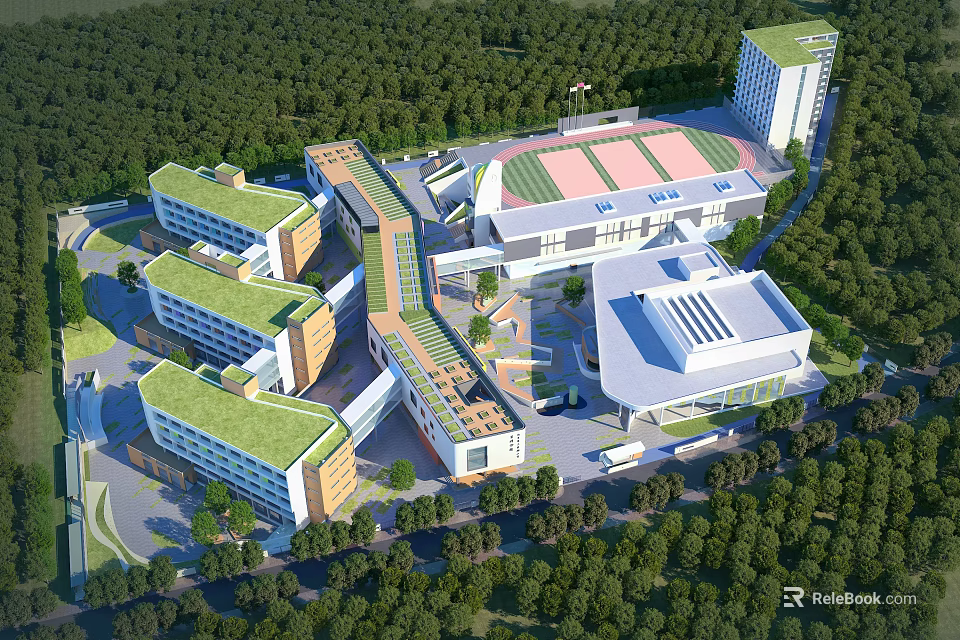 Modern School Campus Buildings Featuring Green Roofs Stadium And Trees 3d model 