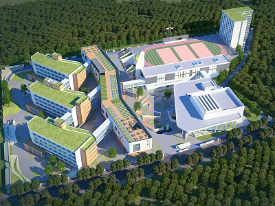 Modern School Campus Buildings Featuring Green Roofs Stadium And Trees 3d model