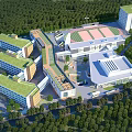 Modern School Campus Buildings Featuring Green Roofs Stadium And Trees