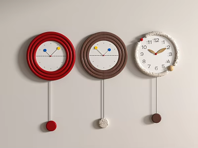 Three Modern Decorative Wall Clocks In Red Brown White With Unique Pendulum Designs 3d model