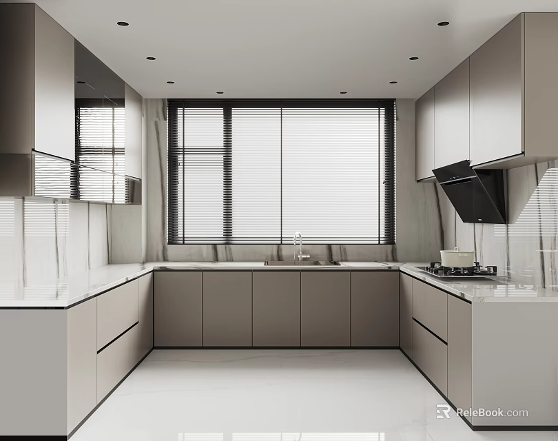 Modern Kitchen Interior Design With Gray Cabinets White Countertops And Window Blinds 3d model 
