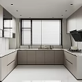 Modern Kitchen Interior Design With Gray Cabinets White Countertops And Window Blinds