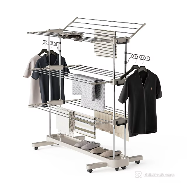 Sturdy Multi Tier Clothes Drying Rack With Hanging Shirts And Trousers 3d model
