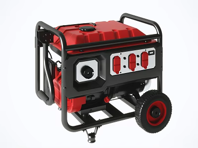 Portable Industrial Red Generator With Black Frame Wheels And Control Panel 3d model
