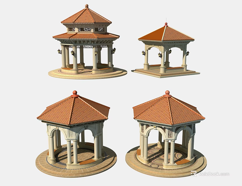 Traditional Gazebo Models With Red Roof Stone Columns And Architectural Details 3d model 