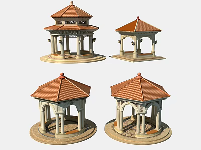 Traditional Gazebo Models With Red Roof Stone Columns And Architectural Details 3d model
