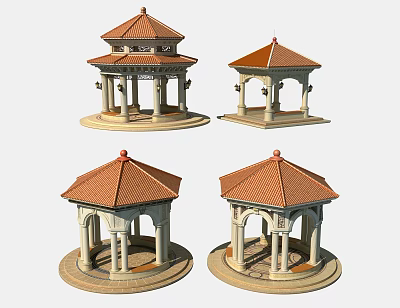 Traditional Gazebo Models With Red Roof Stone Columns And Architectural Details 3d model