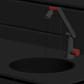 Modern Faucet With Red Accents And Water Flowing Into Black Sink On Gray Countertop