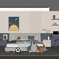 Modern Kids Room Interior With Bed Rug Space Painting Sports Toys Desk Chair And Shelves