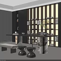 Modern Tea Room Interior Design With Wooden Lattice Wall Stone Countertop Table And Low Stools