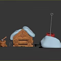 Snow Covered Wooden Cabin Model With Snow Mound Red Blocks And Winter Decorative Items