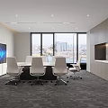 Modern Conference Room With White Long Table White Chairs Floor-to-Ceiling Windows City View And Wooden Accent Wall