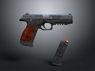 Tactical Pistol With Metal Body Wooden Grip And Magazine In Close Up View 3d model
