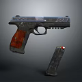 Tactical Pistol With Metal Body Wooden Grip And Magazine In Close Up View