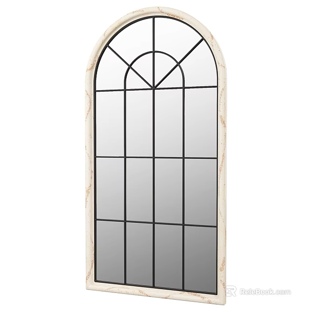 Arched Decorative Mirror With Black Grid Lines Light Colored Frame For Home Wall Decoration 3d model 