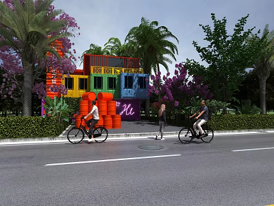 Colorful Container Building Surrounded by Palm Trees Purple Flowers and People Riding Bicycles 3d model