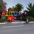 Colorful Container Building Surrounded by Palm Trees Purple Flowers and People Riding Bicycles