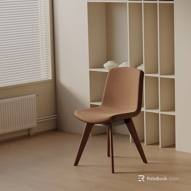 Brown Upholstered Bar Stool with Wooden Legs Light Walls White Blinds and Open Shelves 3d model 