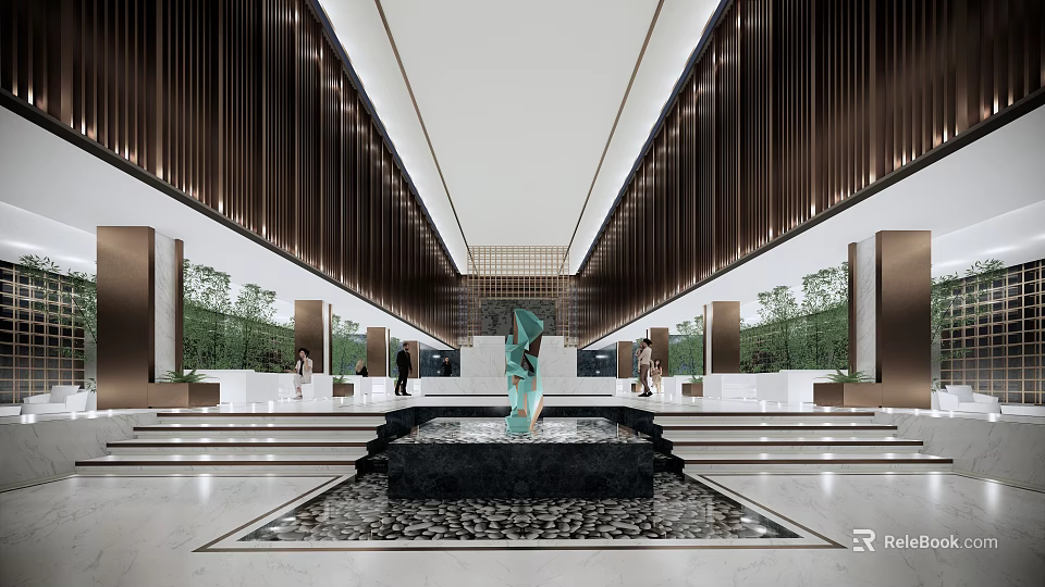 Modern Sales Office Interior With Wooden Slat Walls Central Water Feature And Green Sculpture 3d model 