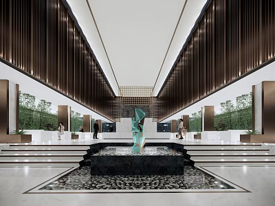 Modern Sales Office Interior With Wooden Slat Walls Central Water Feature And Green Sculpture 3d model