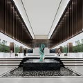 Modern Sales Office Interior With Wooden Slat Walls Central Water Feature And Green Sculpture